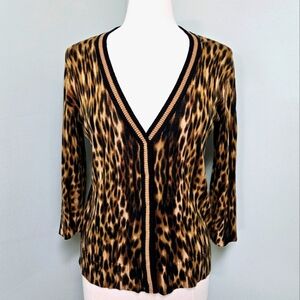 Jones New York Signature Cardigan Snap V-neck 3/4 Sleeve Animal Print Medium